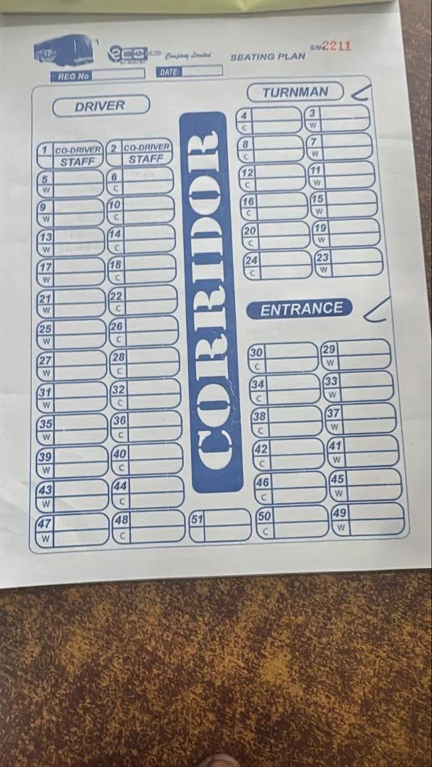 Eco Bus seating plan showing seat numbers and the corridor